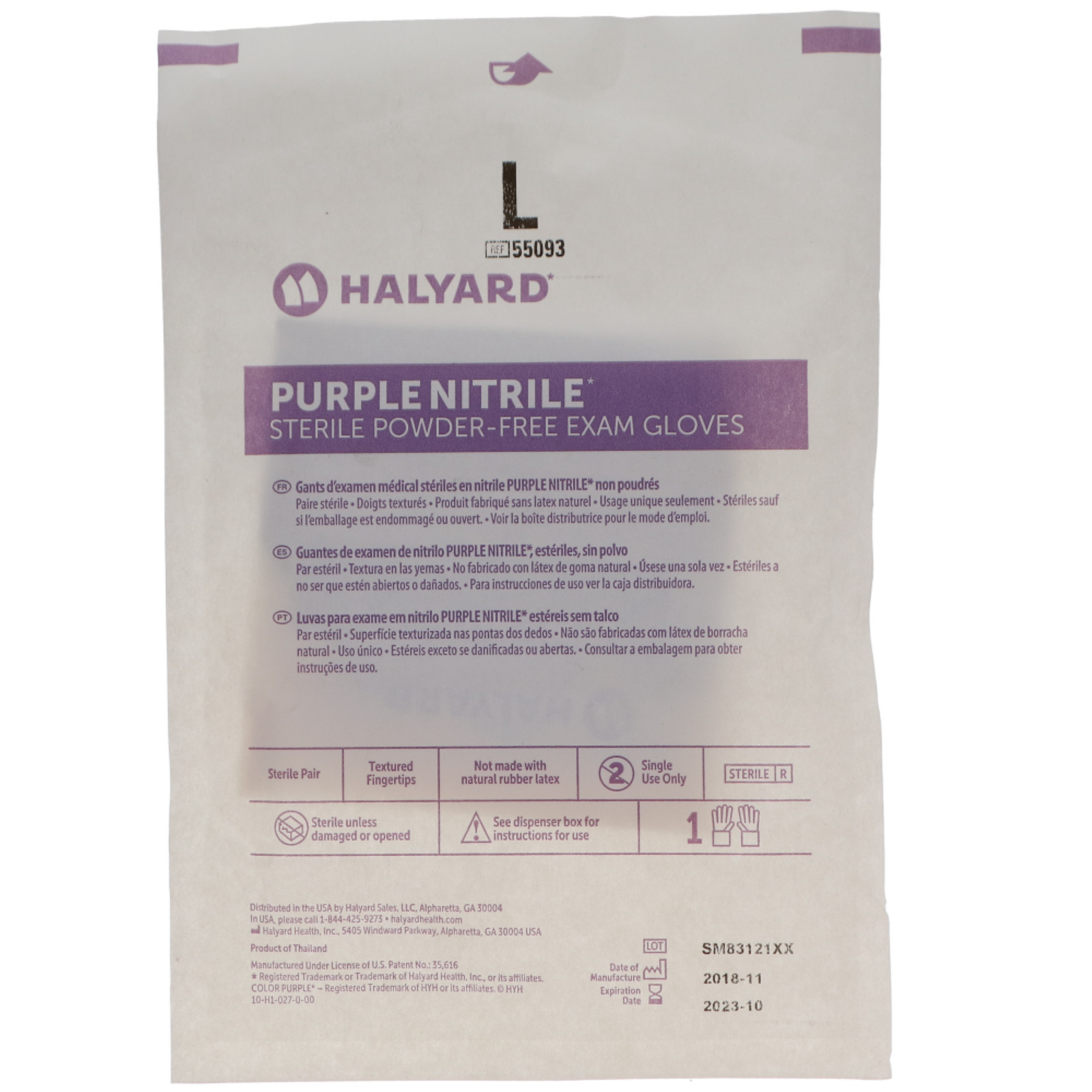 Halyard 55093 Nitrile Exam Gloves Sterile Pairs Large Purple Powder Free 50/Bx