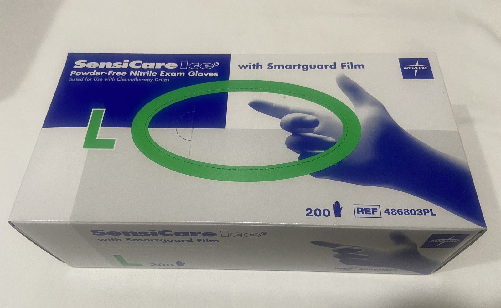 SensiCare Ice Blue Nitrile Exam Gloves with Film, Large 200Ct NEW