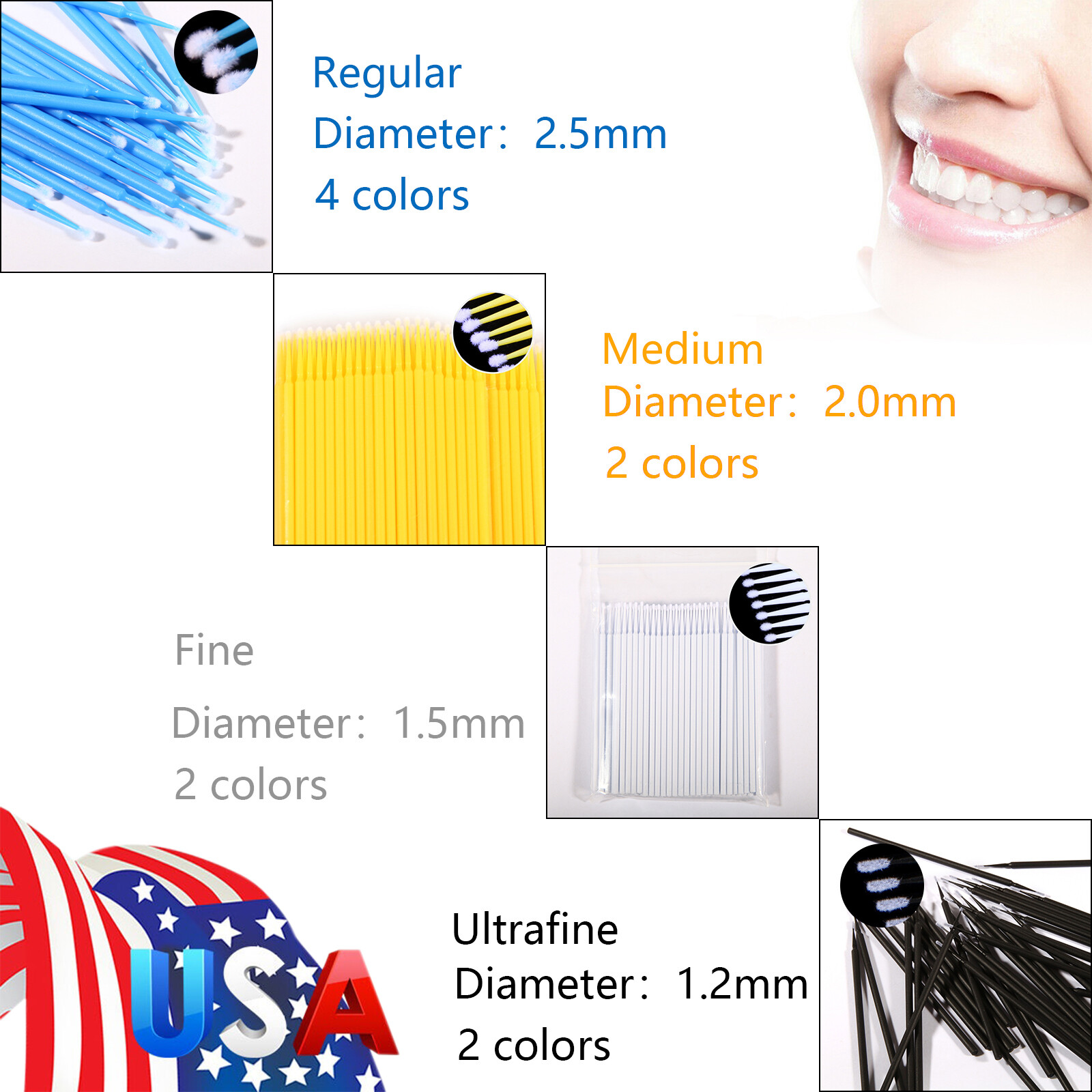 100-1000pcs Dental Microbrush Micro Brush Applicators Tips 2.5/2.0/1.5/1.2mm