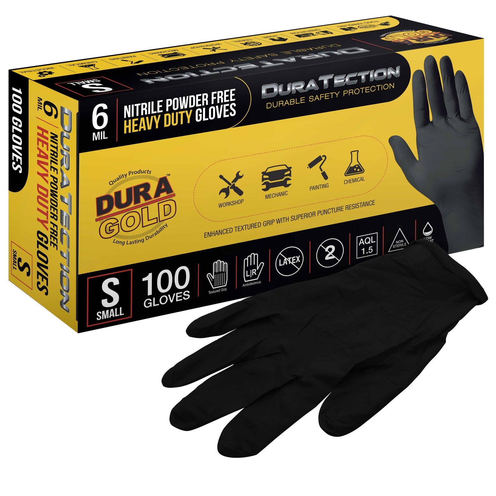 Dura-Gold HD Black Nitrile Disposable Gloves, Box of 100, Size Small, 6 Mil