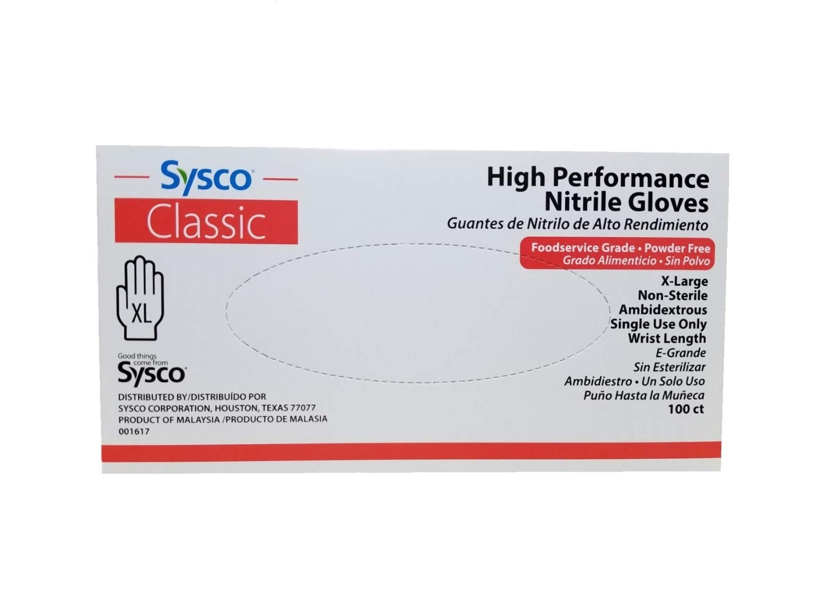 SYSCO HIGH Performance Nitrile Gloves Size XL Powder Free – 100 Gloves per Box