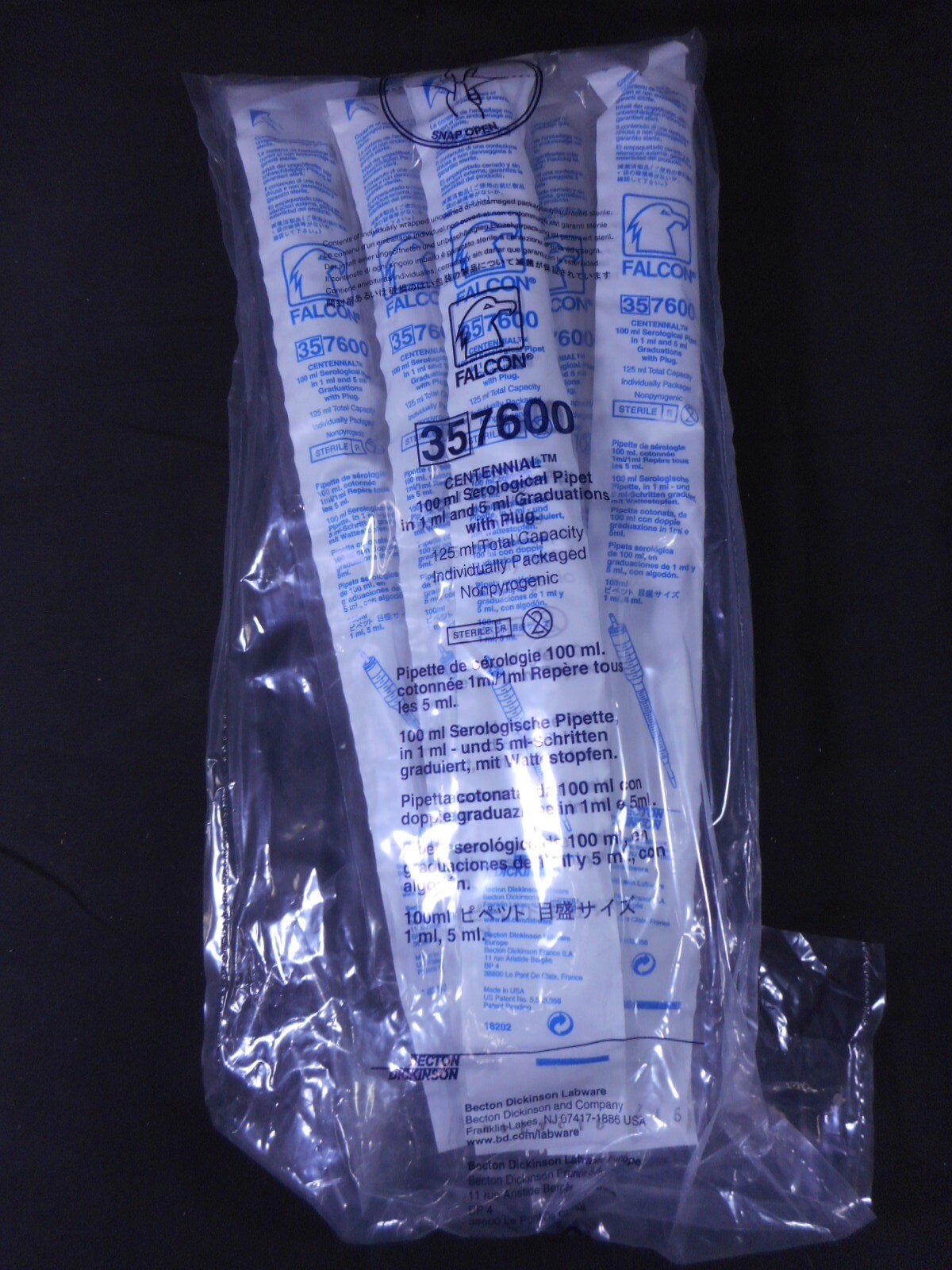 FALCON Polystyrene 100mL Serological Pipet 1.0 Increments 357600 (5/pk)