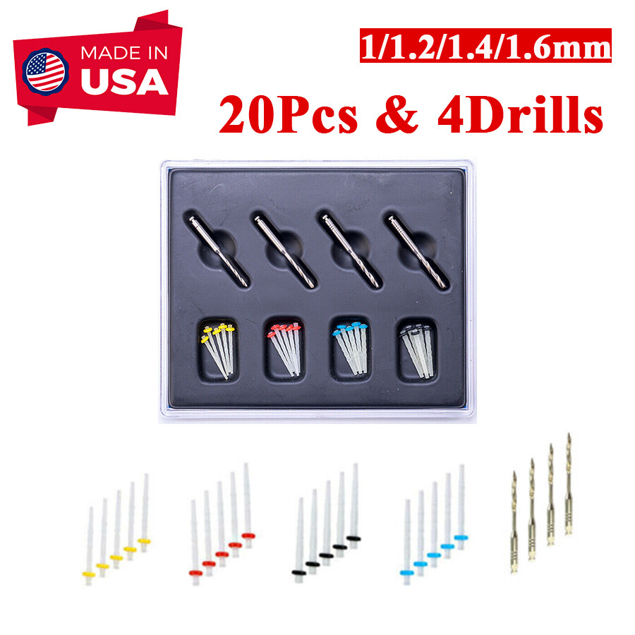 20pcs & 4Drills Dental Fiber Post Glass Quartz Teeth Restorative 1/1.2/1.4/1.6mm