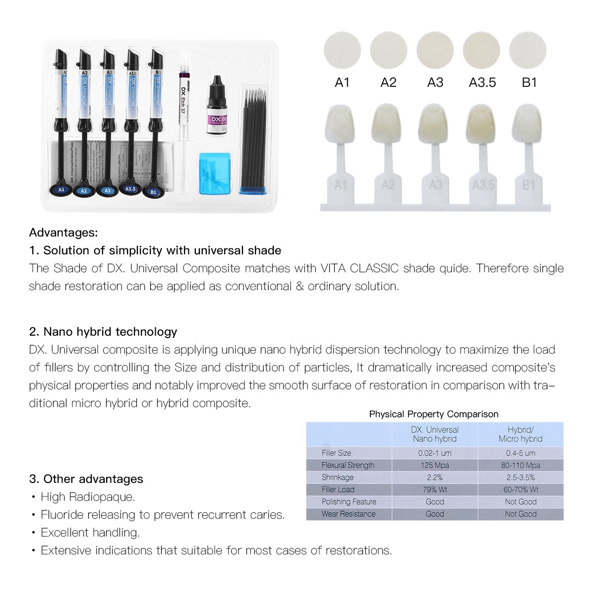 Dentex Dental resina de compuesto de cura Light Kit A1 A2 A3 A3.5 B1