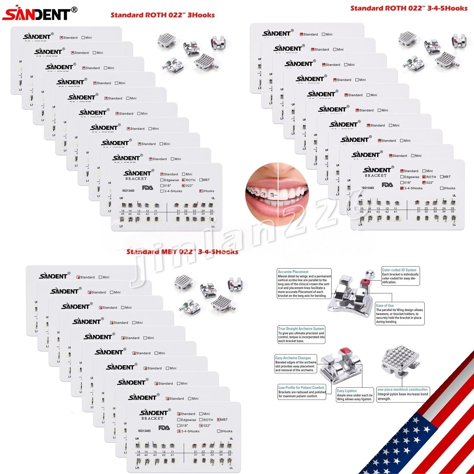 10 Kits Dental Ortho Metal Brackets Braces Standard MBT Roth 022 Hooks 3 4 5 ST