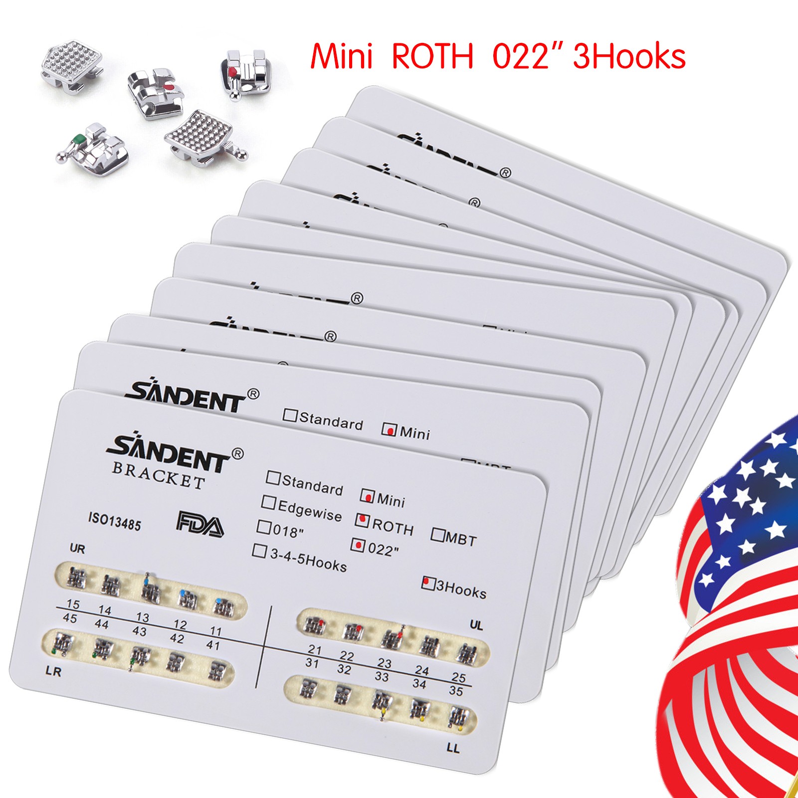 10 Packs Dental Orthodontic Brackets Braces Mini Roth 022 Slot 3 hooks #3 USA OR