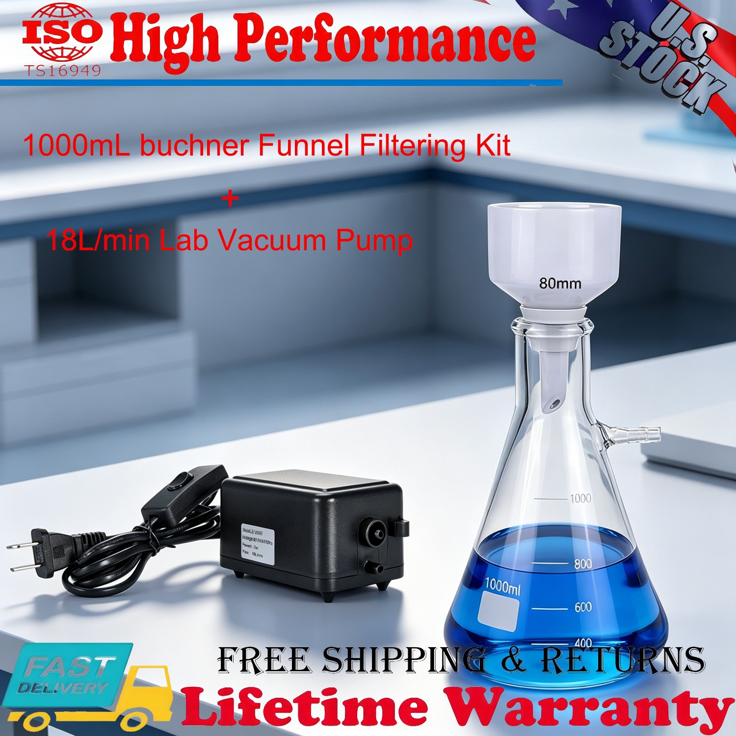 1000ML Buchner Funnel Filtering Kit Lab Vacuum Pump 18 L/Min Filter Flask Set