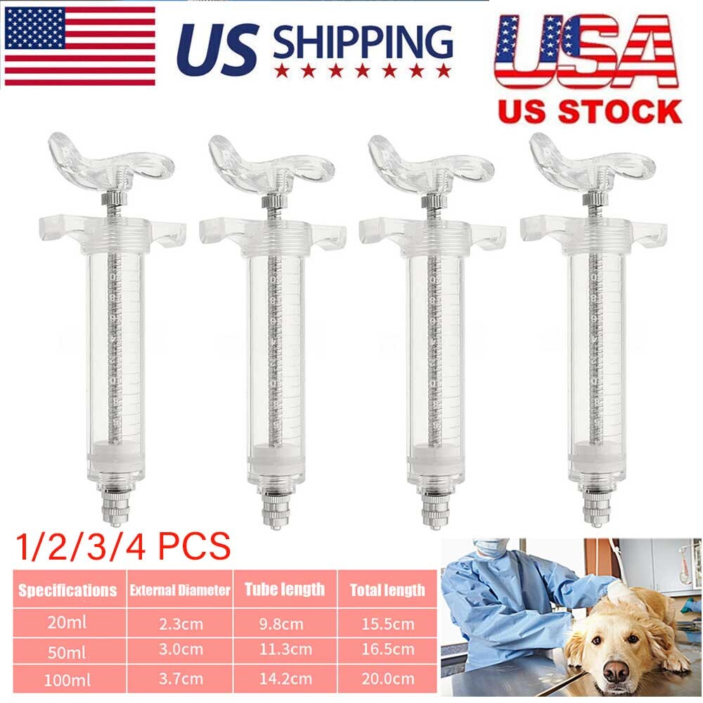 1/2/3/4PCS 20/50/100ml Reusable Veterinary Syringe for Livestock Supply Tool USA
