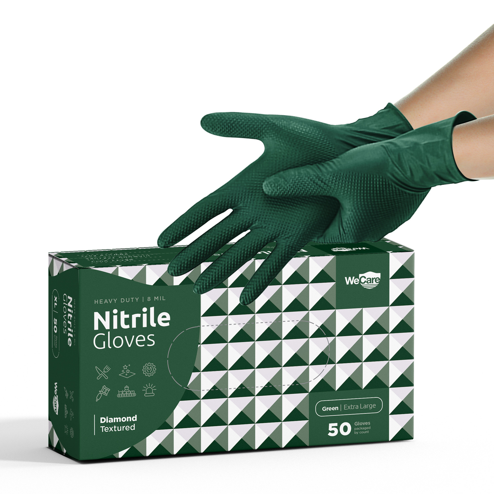 WeCare 8 mm Nitrile Heavy Duty Gloves Diamond Grip Latex Free XL Green 50 Ct