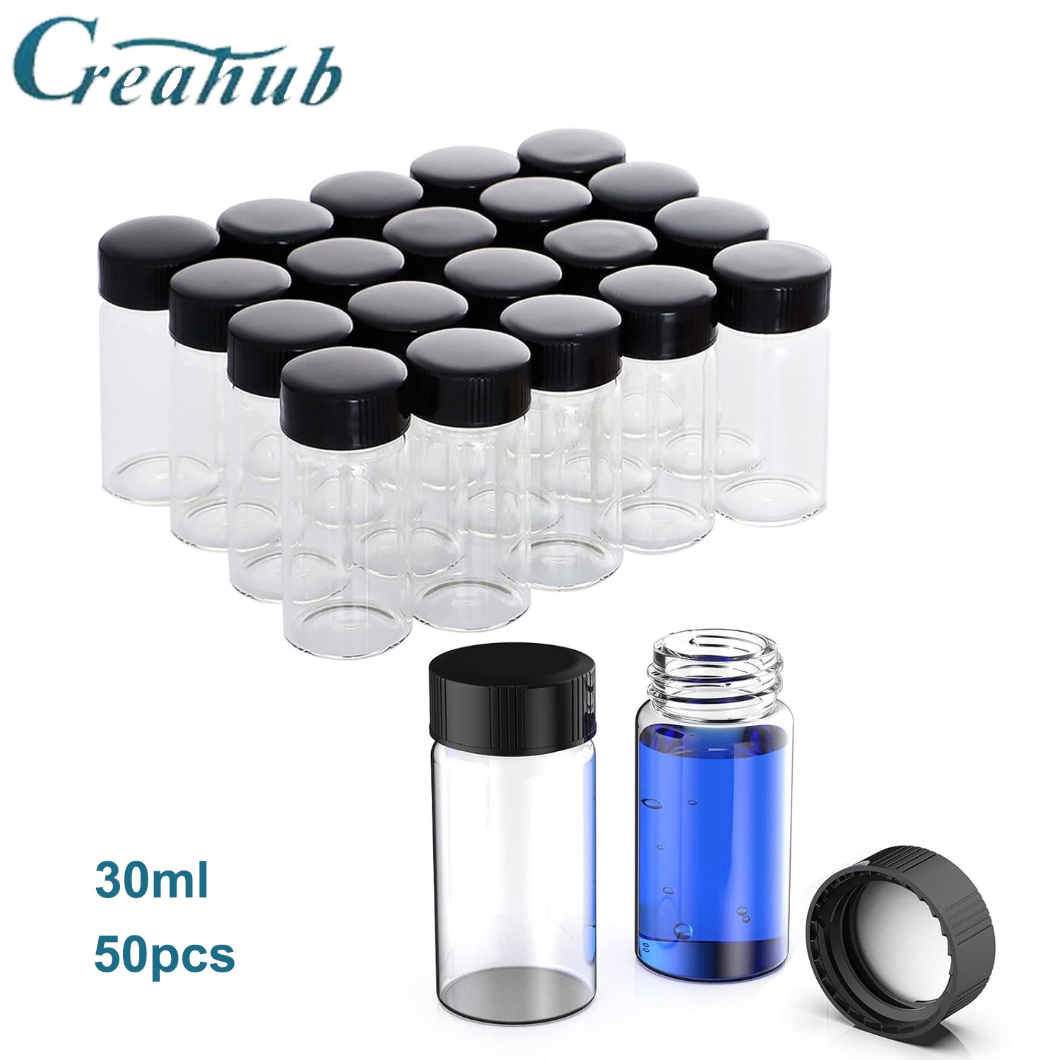 50pcs 30ml Glass Vials w/Screw Caps and Plastic Stoppers for Lab/Travel Storage
