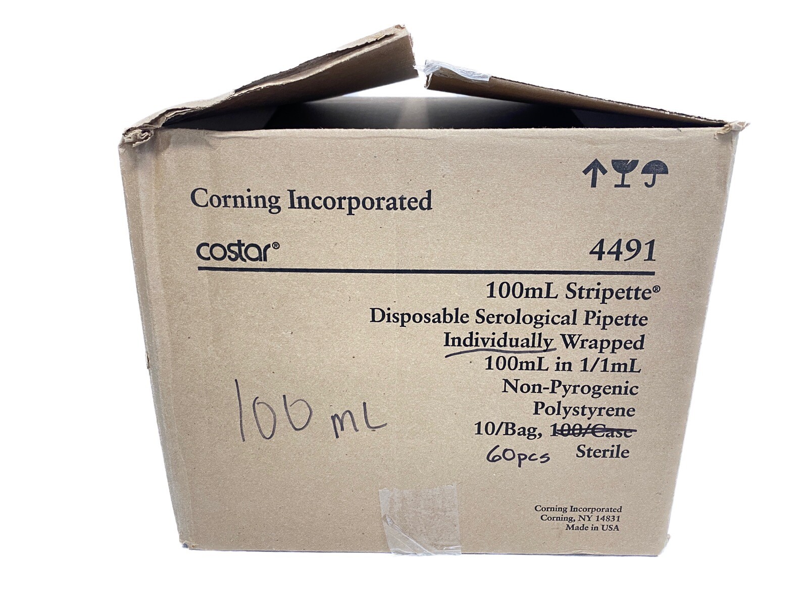 (60 Pcs) CORNING 100mL Polystyrene Stripette Serological Pipettes Aqua Plug 4491