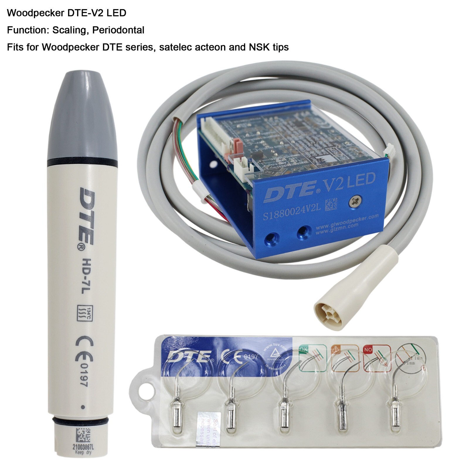 Woodpecker DTE Ultrasonic Scaler HD-7L LED Handpiece ACTEON Piezo Tips DTE-V2 V3
