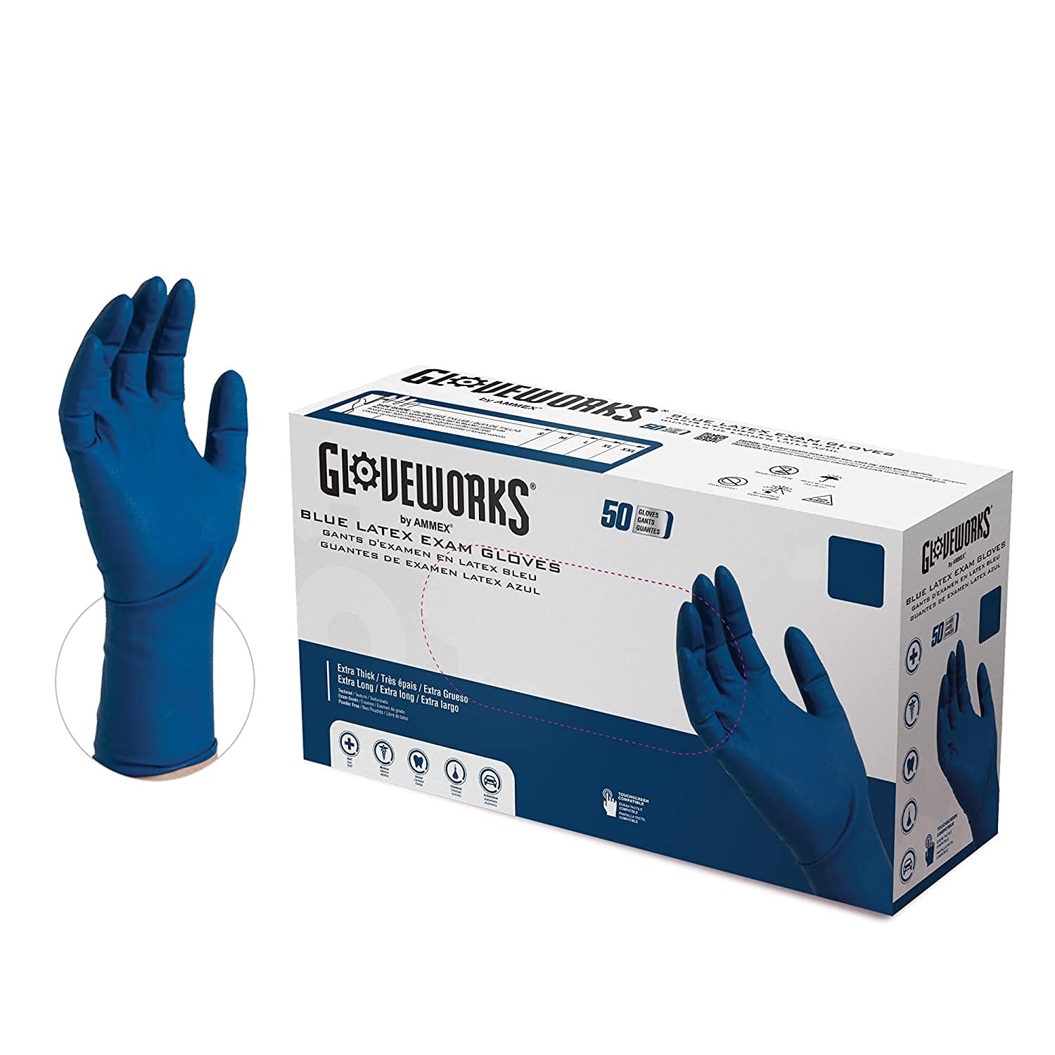 HD Medical Blue Latex Gloves, Box of 50, 13 Mil, Size Large, 12 Inches Long, Pow