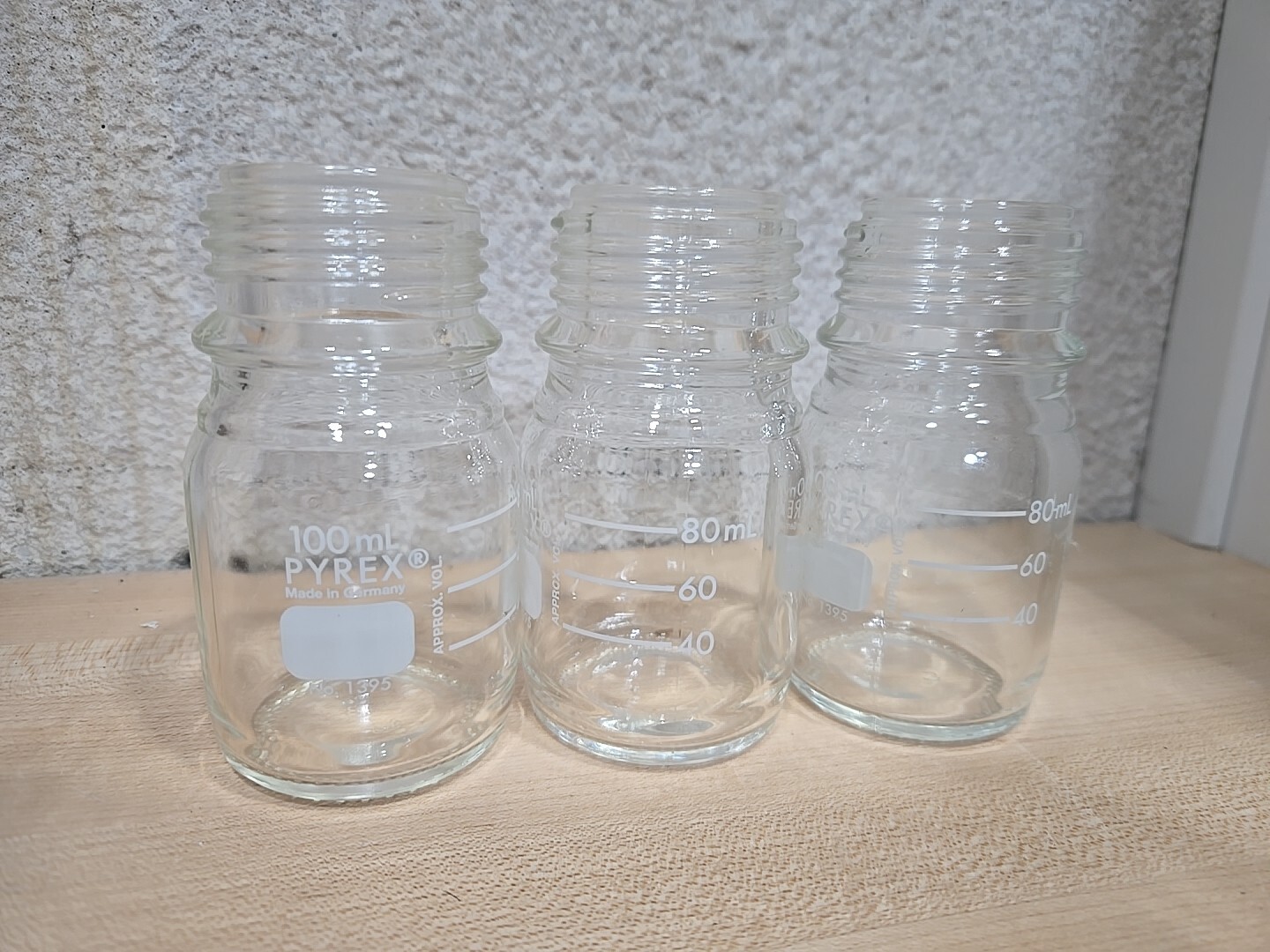Lot 3x Corning PYREX 100ml Round Media Storage Bottle 1395-100 (No Caps/Seal)