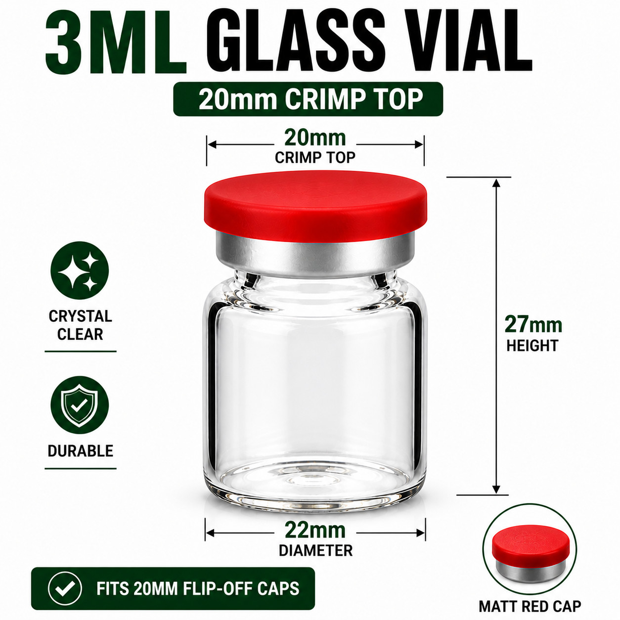 500 Ct 3ml Glass Vials 20mm Crimp Top – Complete Set w/ Rubber Stoppers & Caps