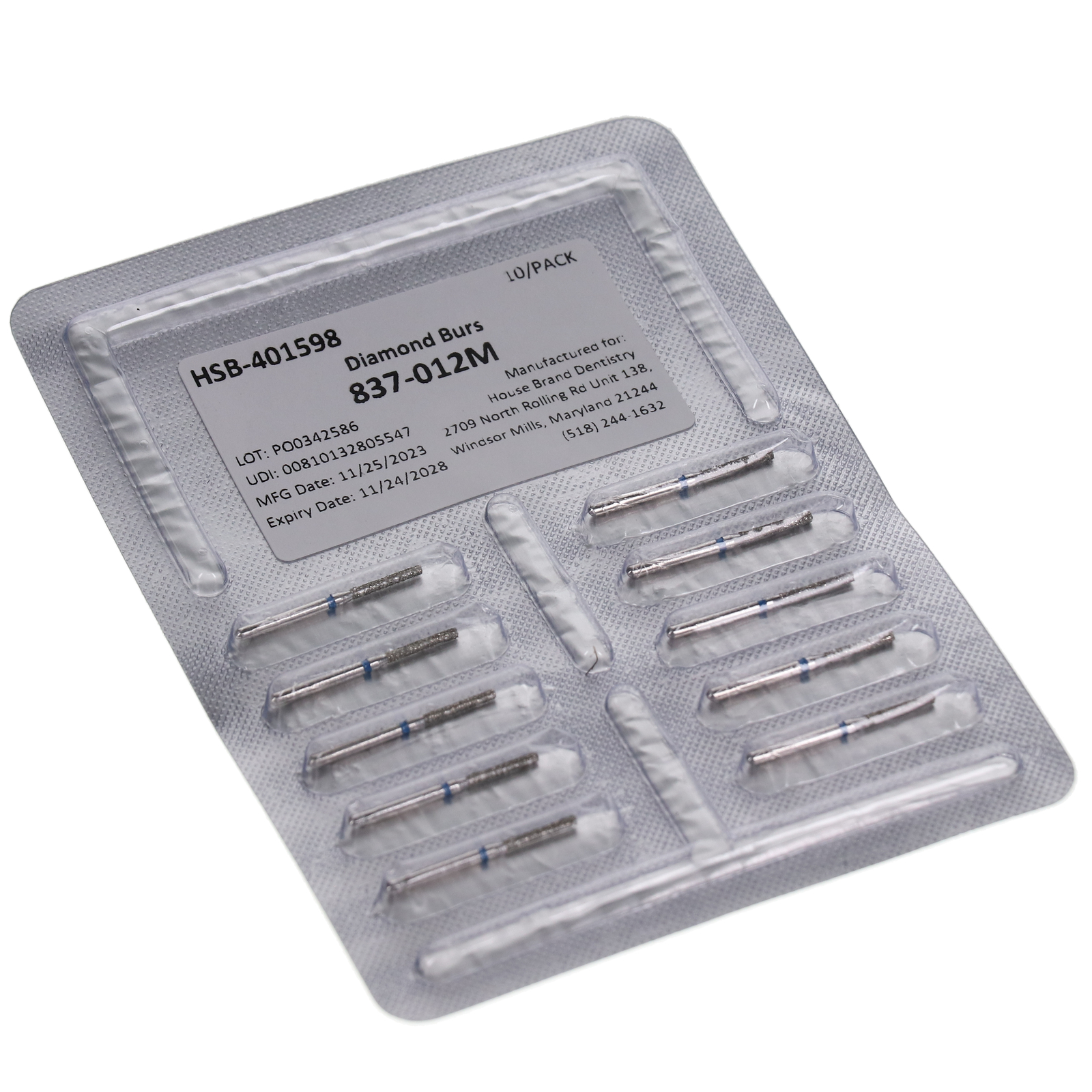 House Brand Dentistry 401598 FG 837-012M Flat Cylinder Medium Diamond Burs 10/Pk