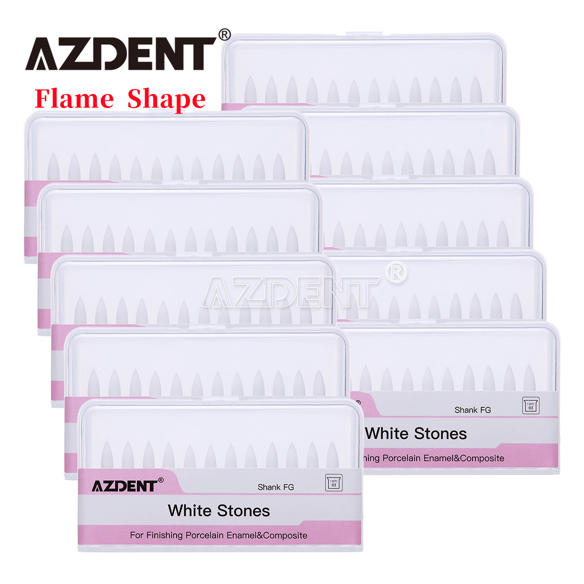 AZDENT Dental White Stone Polishing Burs FG Flame shape 12pcs/pack for porcelain