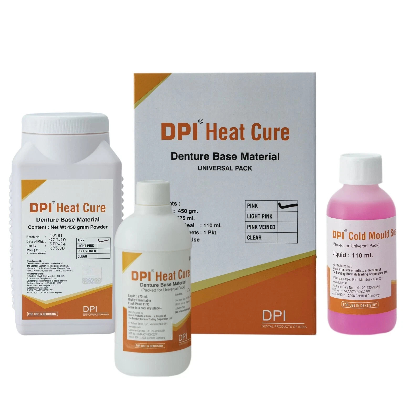 DPI Dental Heat Cure Denture Base Material Pack – Powder 450g + Liquid 275ml