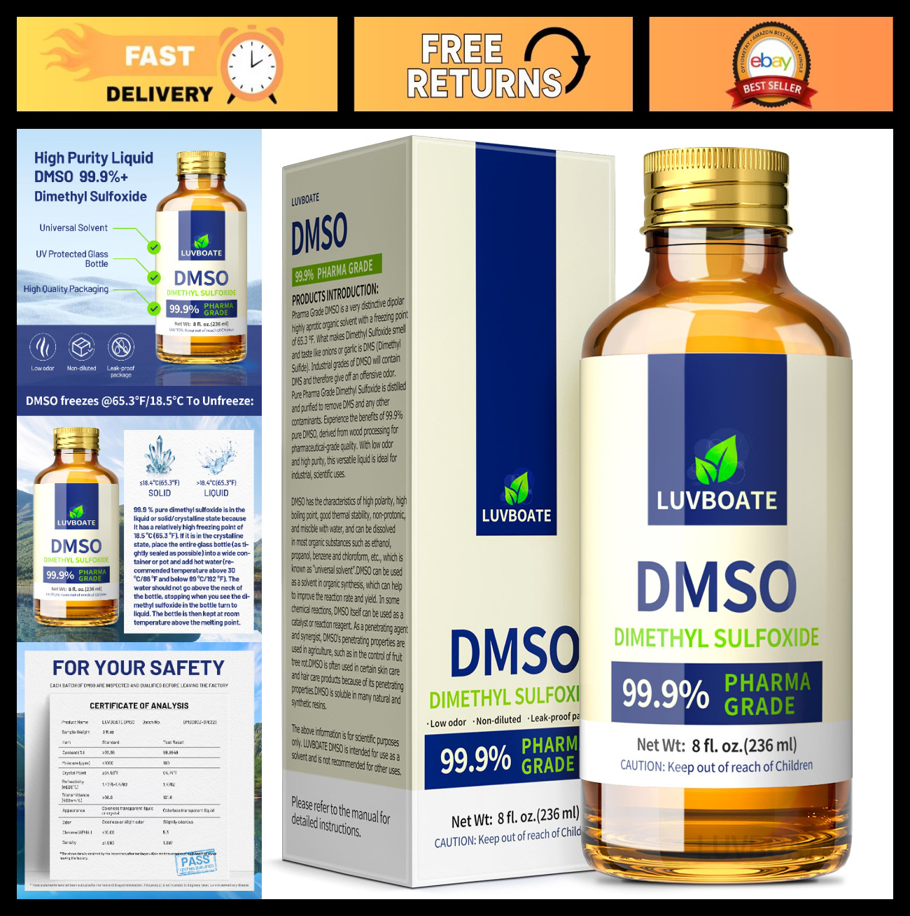 Pure DMSO 99.9% Pharma Grade Liquid – 8 fl. oz Glass Bottle, Non-Diluted, Low Od