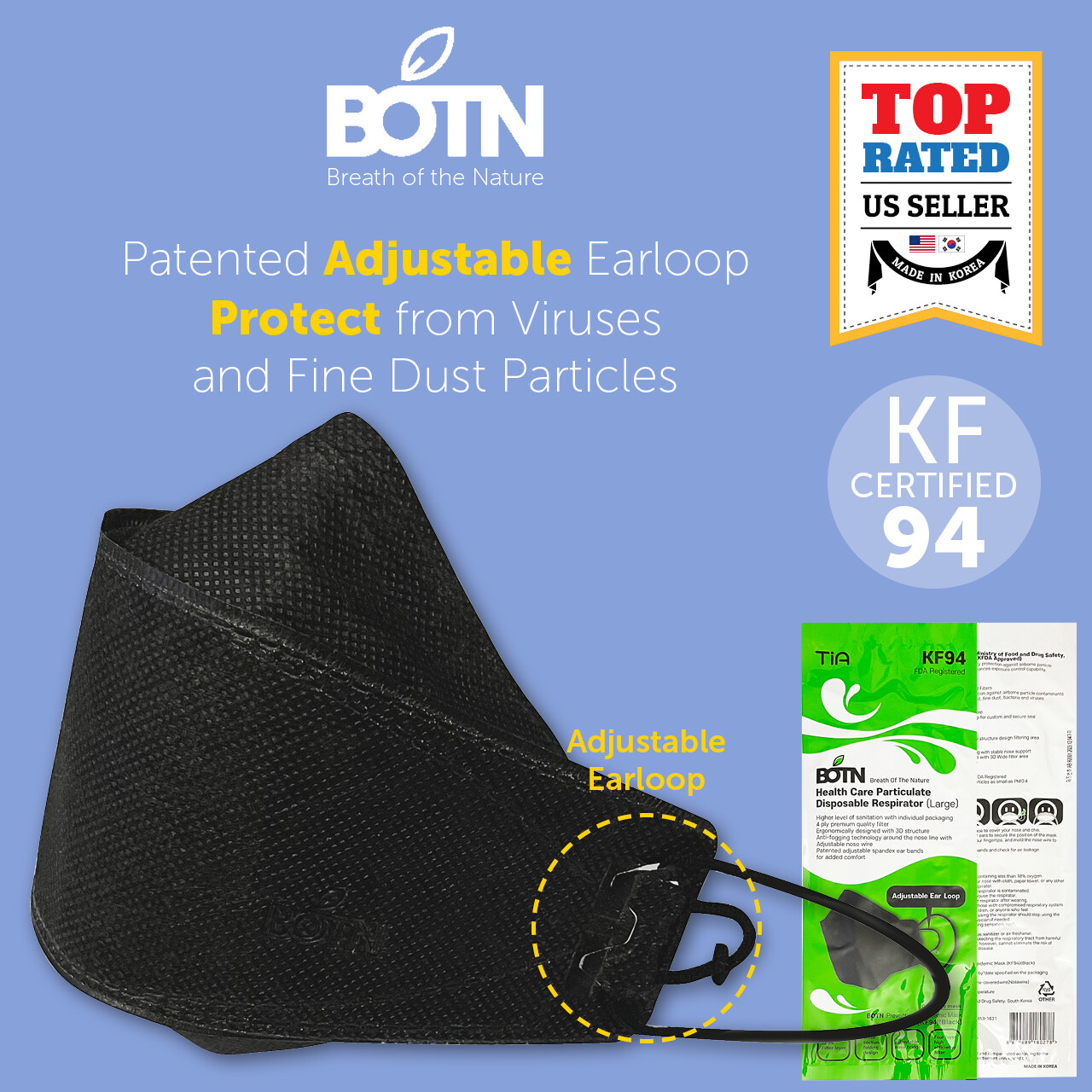 10-100 Pcs KF94 BOTN BLACK Protective Face Mask Adult Korea KFDA Approved