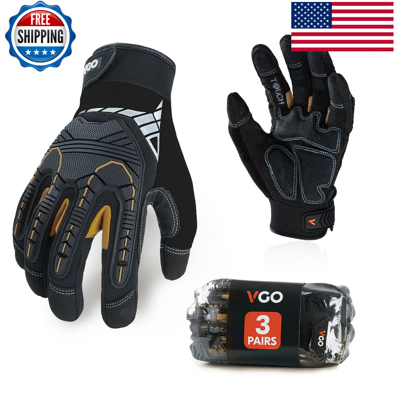 Vgo… 3-Pairs Heavy Duty Synthetic Leather Work Gloves Impact Protection