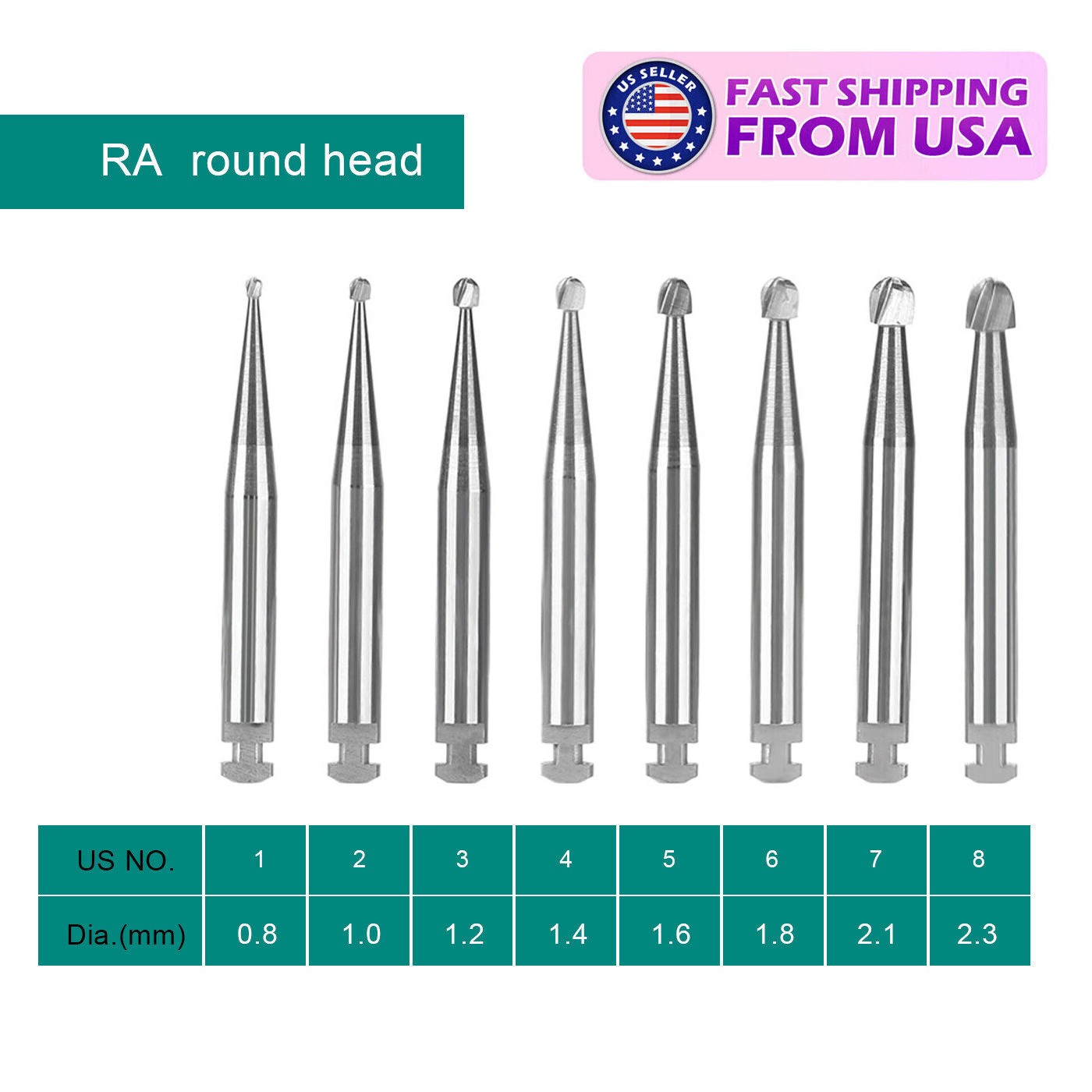 RA1-8 Dental lab Clinic Low Speed RA Round Carbide Burs for Slow Speed Latch BLR