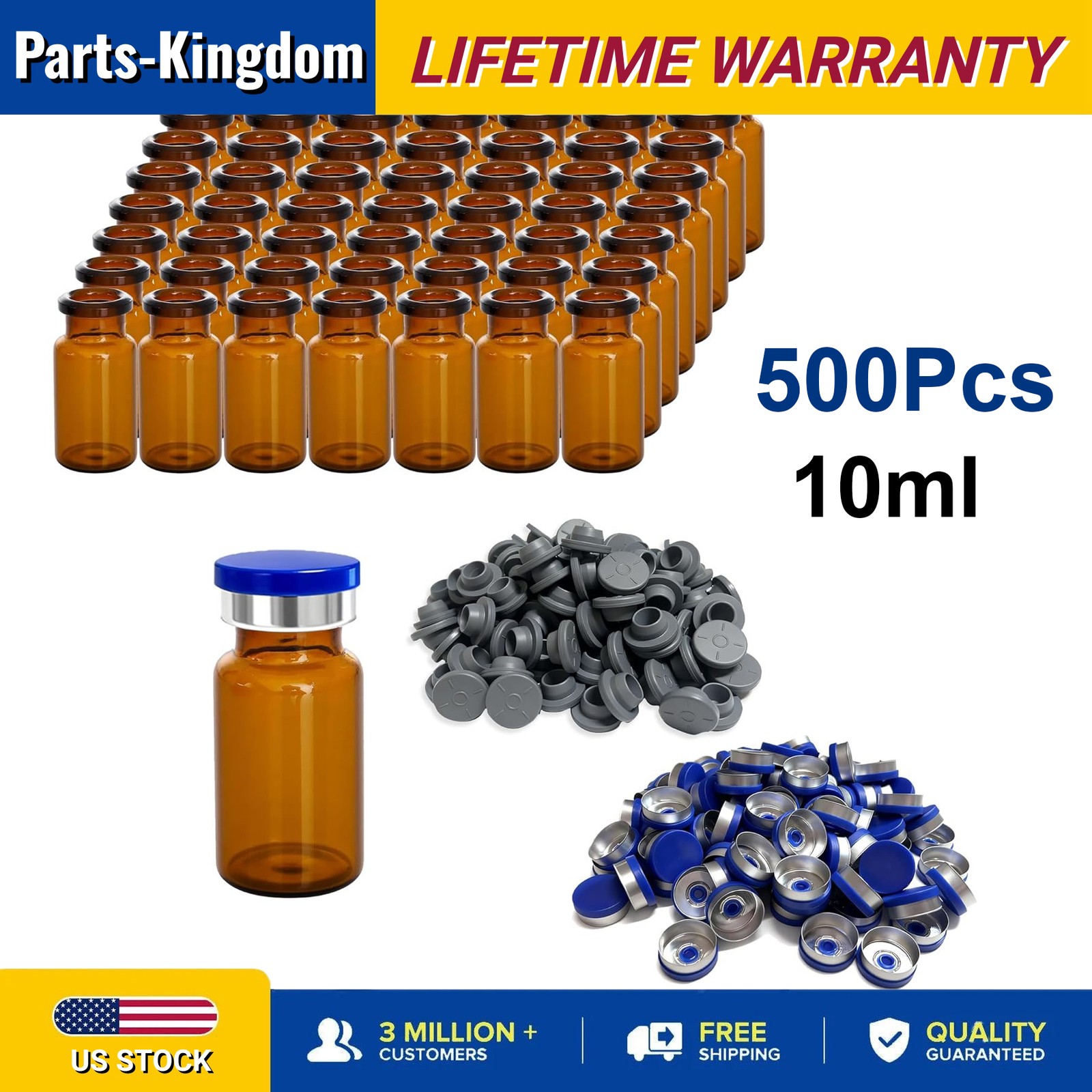 500PCS 10ml Amber Glass Headspace Vials with Plastic-Aluminum Flip Off Caps New
