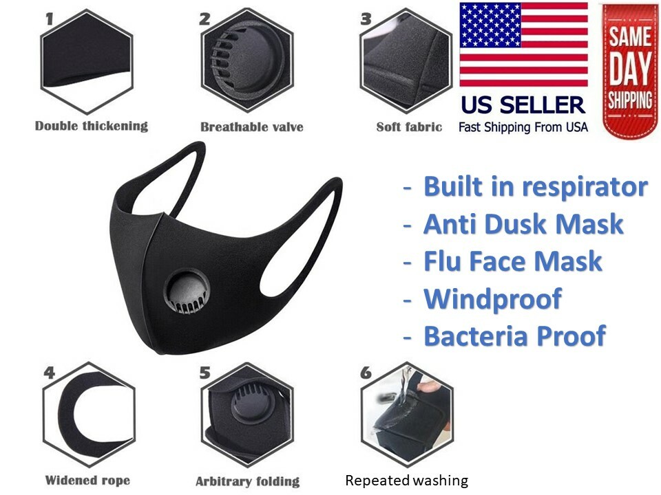 3D Adult Unisex Respirator Black Face Mask Cover Washable US Seller High Quality