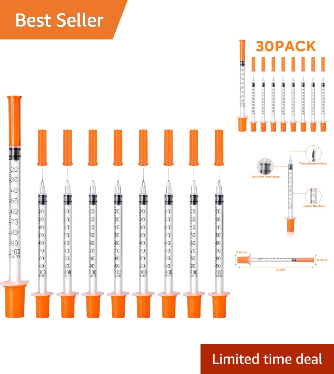 30 Count U-100 Syringes 30G 5/16″ 1ml – Clear Markings and Individually Packaged