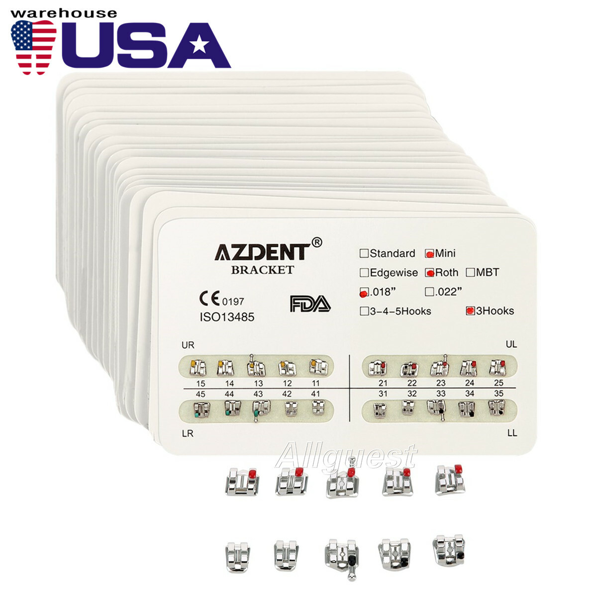 20Packs AZDENT Dental Brackets Braces Mini/Standard MBT/Roth 022/018 Hooks 3/345
