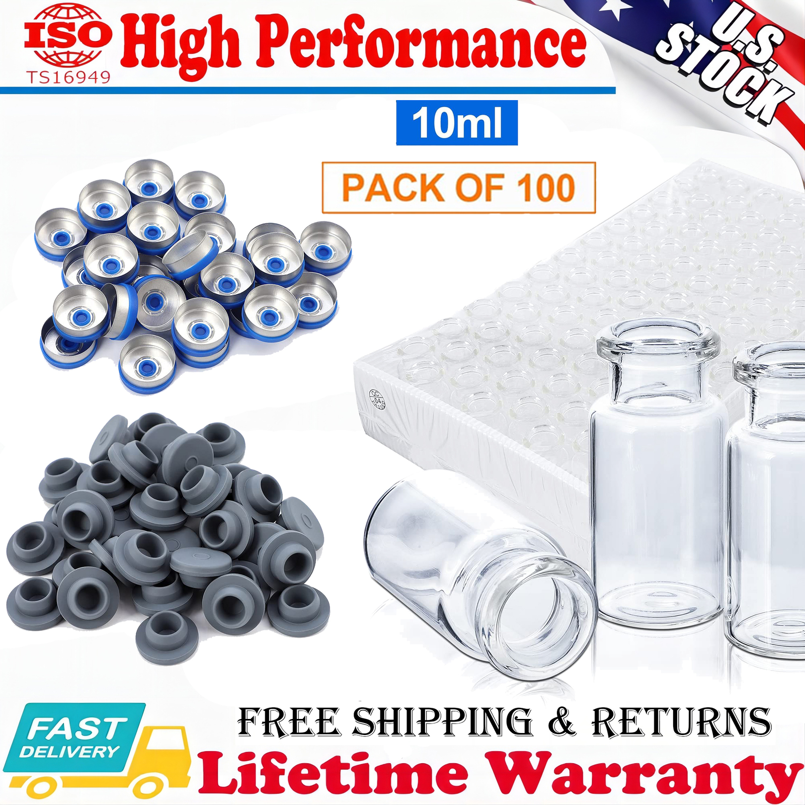 100 Pack 10ml Clear Glass Headspace Vials with Plastic-Aluminum Flip Off Caps US