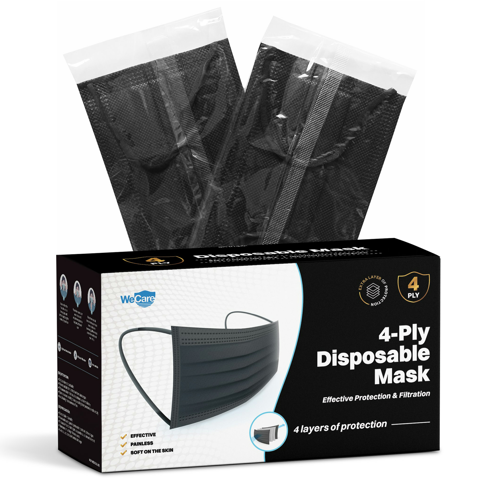 WeCare Disposable Face Mask, 4-Ply (50 Individually Wrapped) – Black