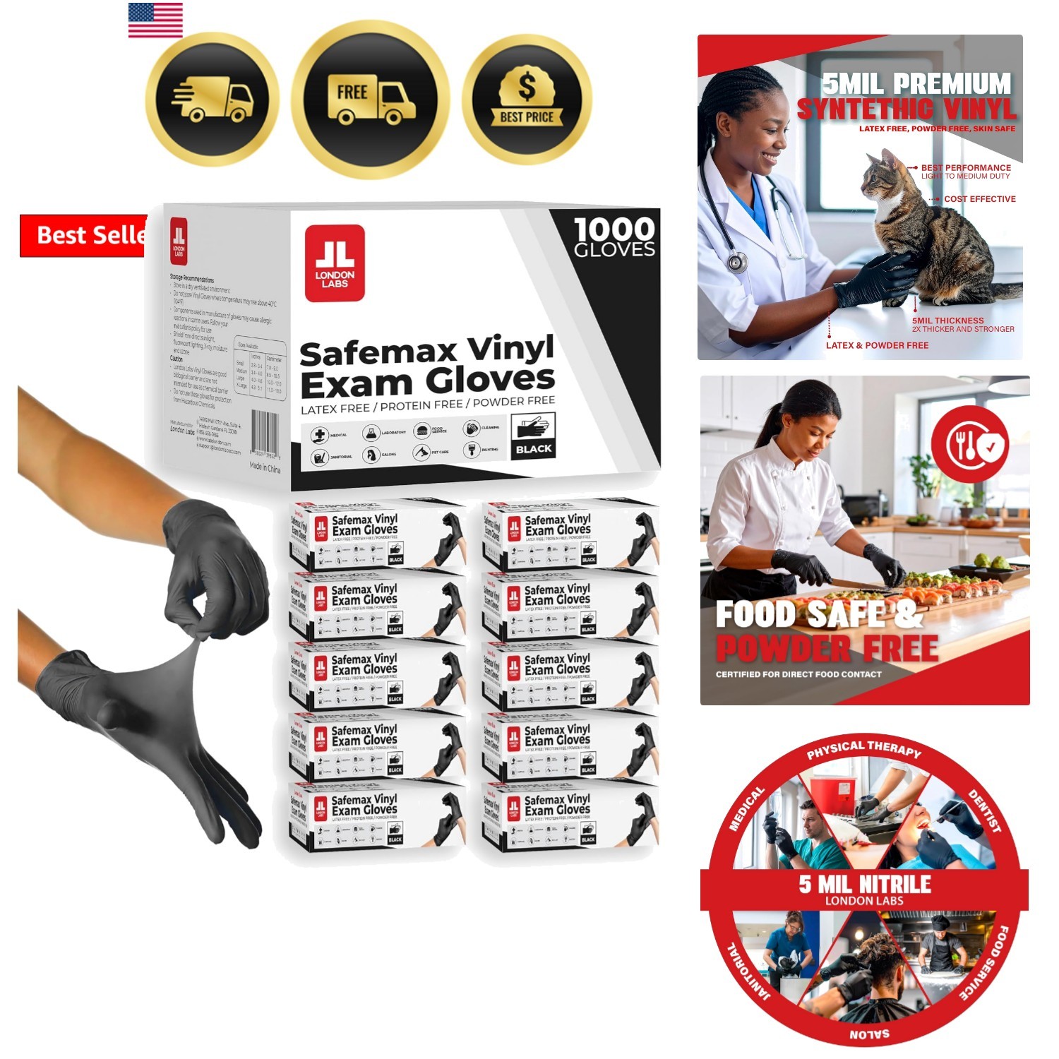 Black Synthetic Vinyl Exam Gloves Powder Free and Latex Free