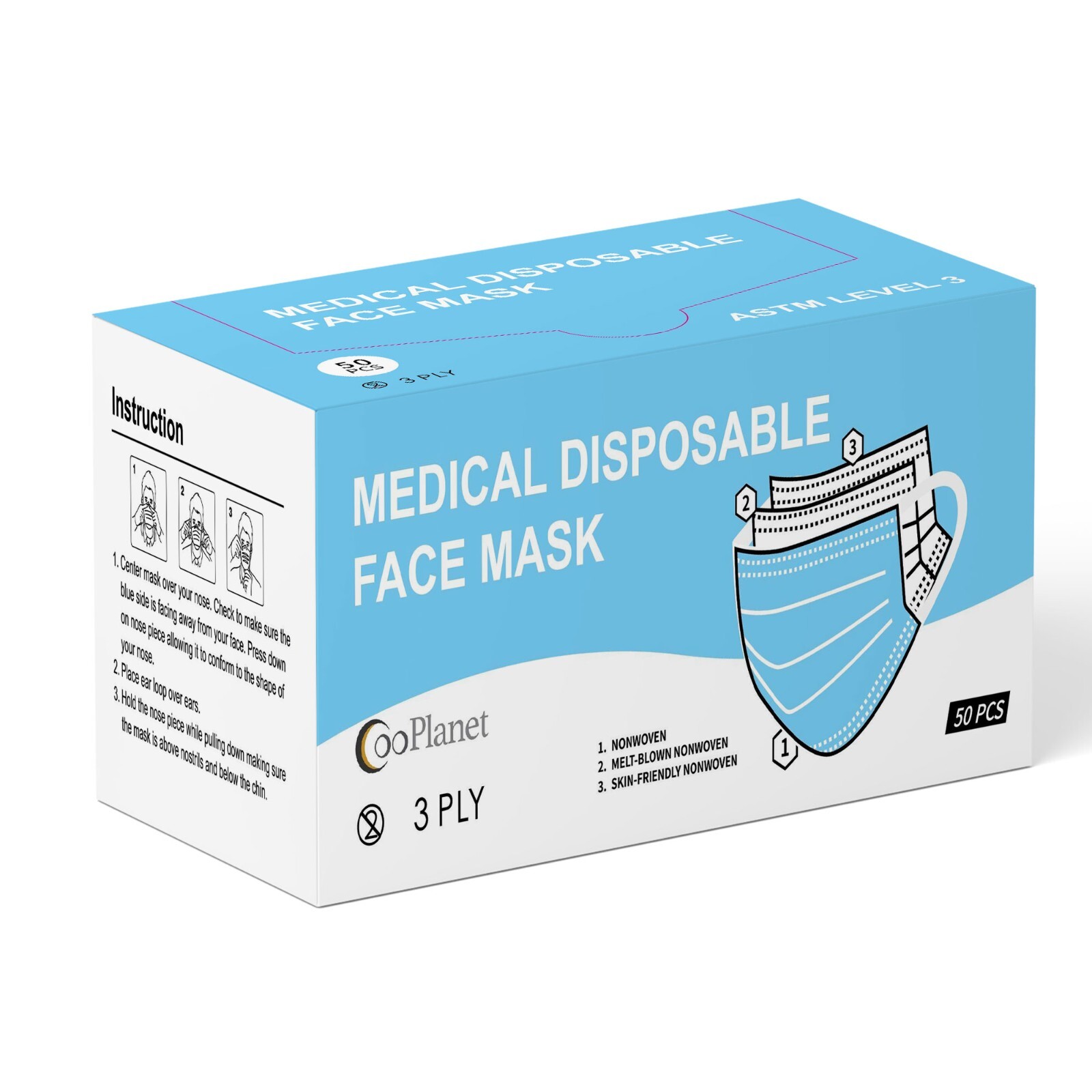 CooPlanet – Blue ASTM Level 3, 99% PFE, Medical-Grade, Face Mask (50 Pack)