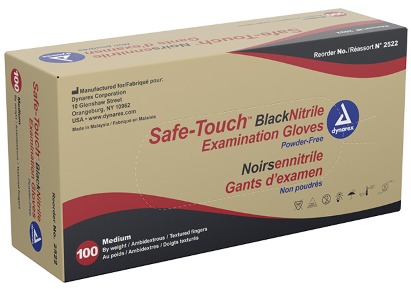 Dynarex Safe-Touch Black Nitrile Exam Gloves, Powder Free, Medium – Box of 100