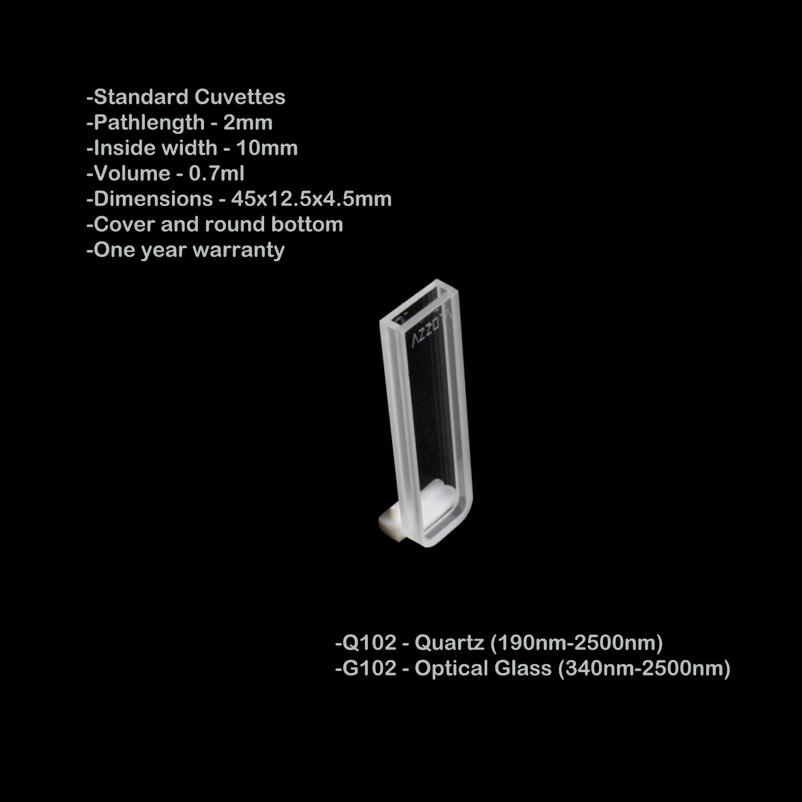 Azzota® 2mm Pathlength Optical Glass Cuvette, 0.7ml