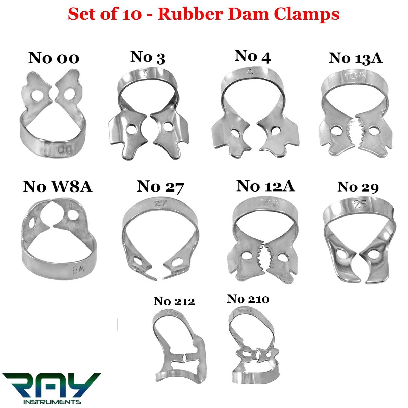 Rubber Dam Clamps For Molars Dental Restorative Endodontic Instruments Set Of 10