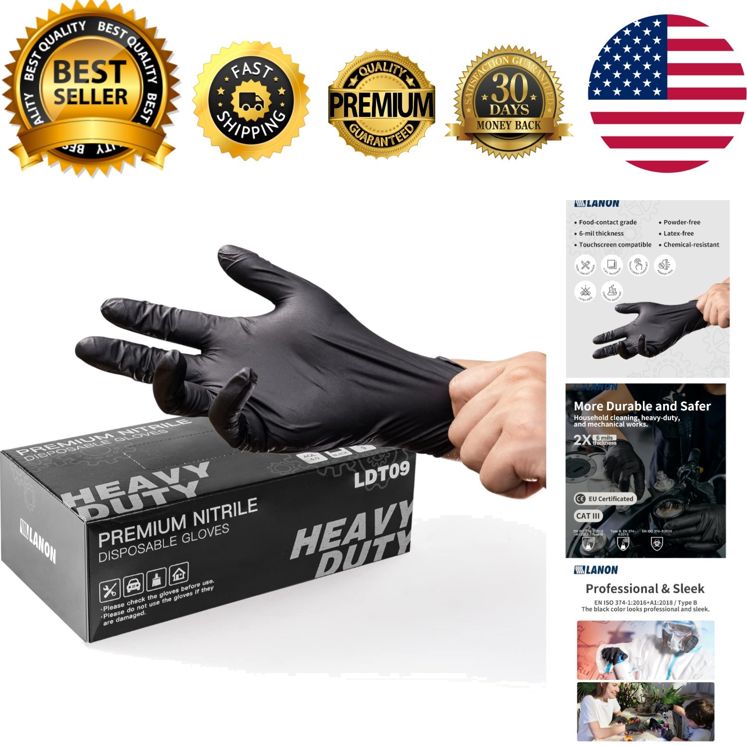 Food-Safe 6-mil Black Nitrile Disposable Gloves, XL, Perfect for Multiple Uses