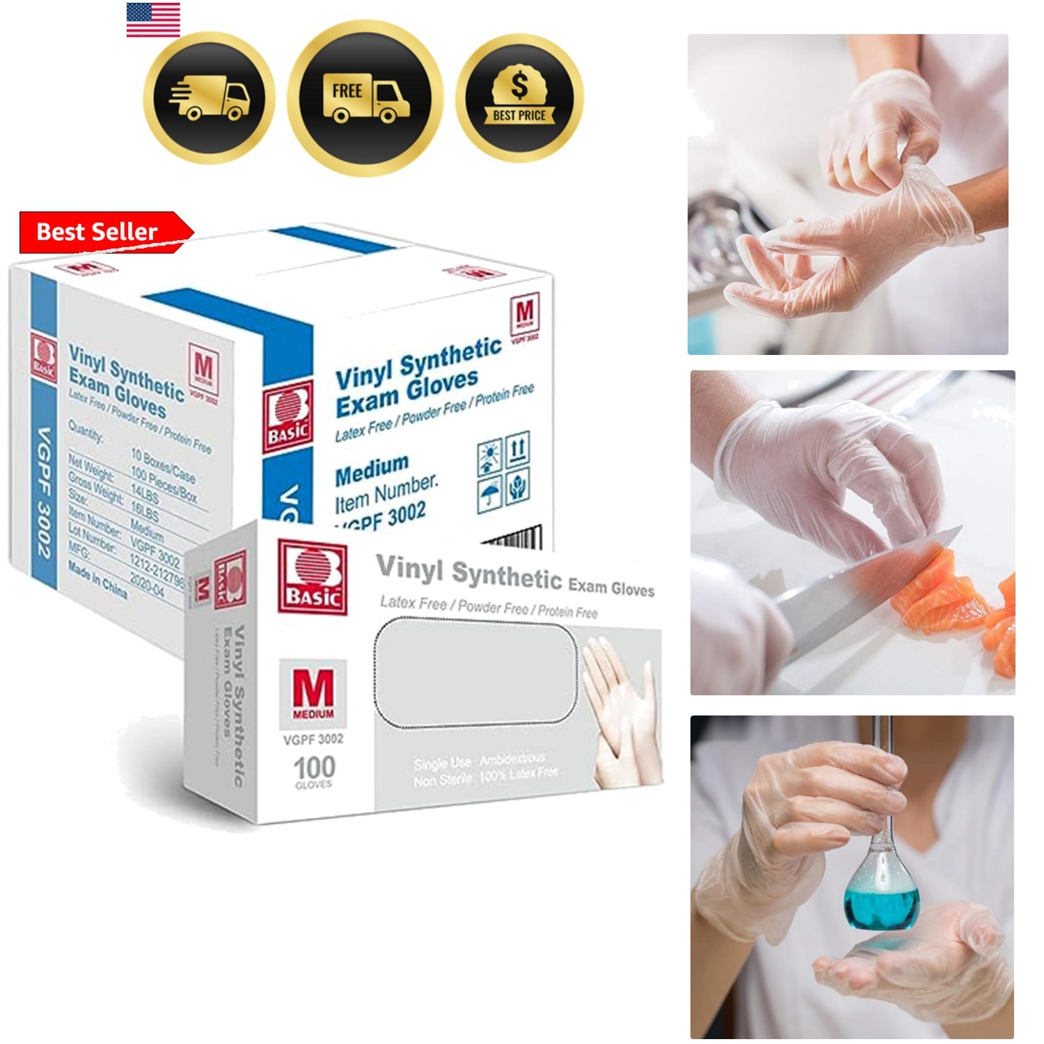 Basic Medical Vinyl Exam Gloves Disposable Latex Free Medium, Powder-Free, Cl…