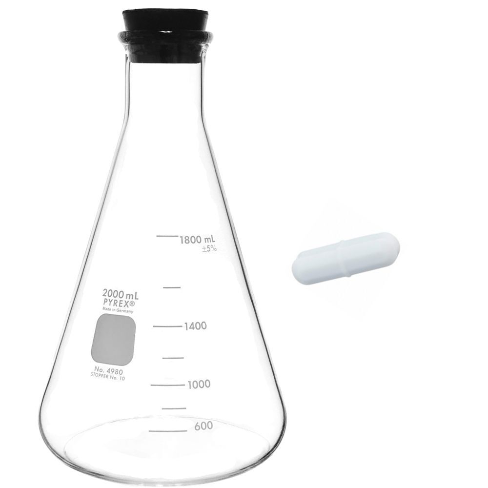 Pyrex 4980-2L, 2000mL Erlenmeyer Flask w/ Rubber Stopper & Stir Bar (Single)