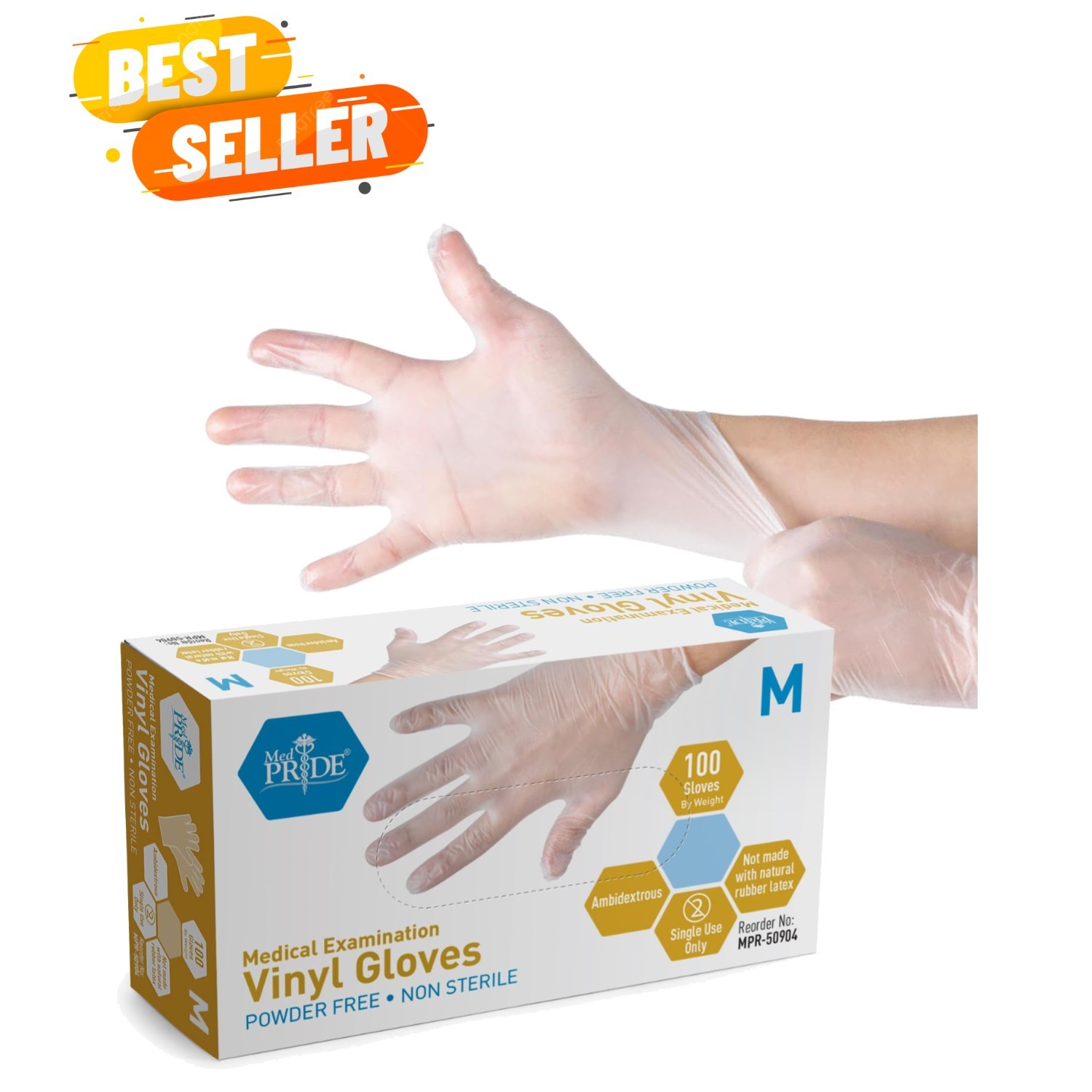Medium Latex-Free Vinyl Exam Gloves, 100 Count – Waterproof & Ambidextrous Fit