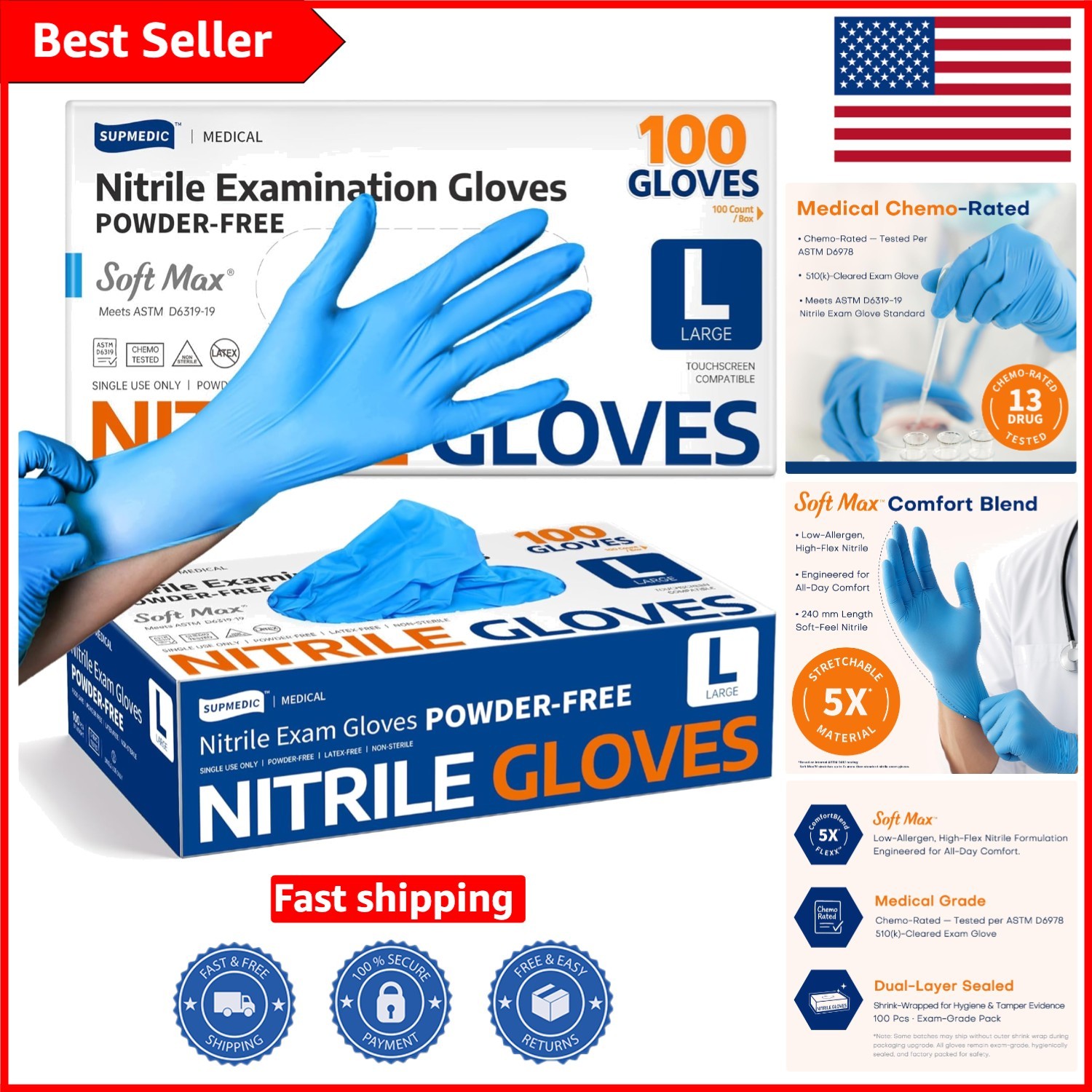 100 Count Nitrile Exam Gloves, Blue – Allergy-Free, Waterproof, Durable