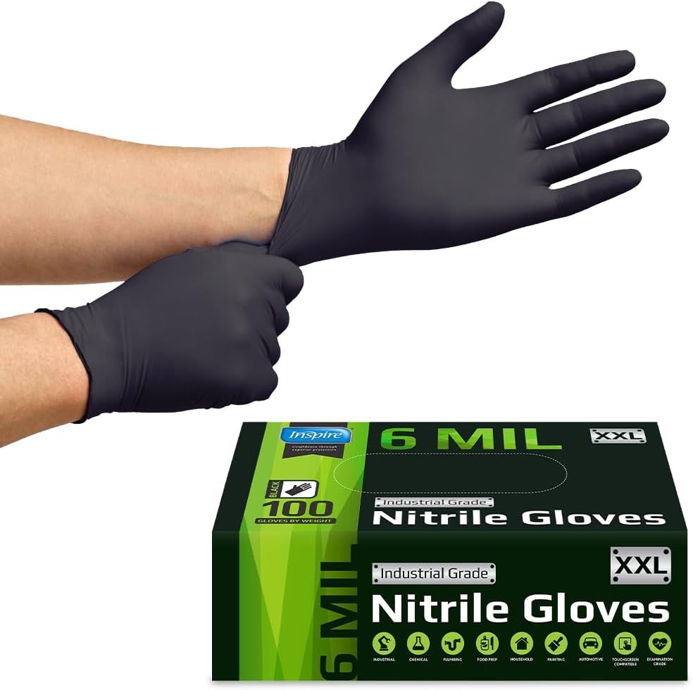 Inspire Black Nitrile Gloves HEAVY DUTY 6 Mil Nitrile Chemical Resistant Medical