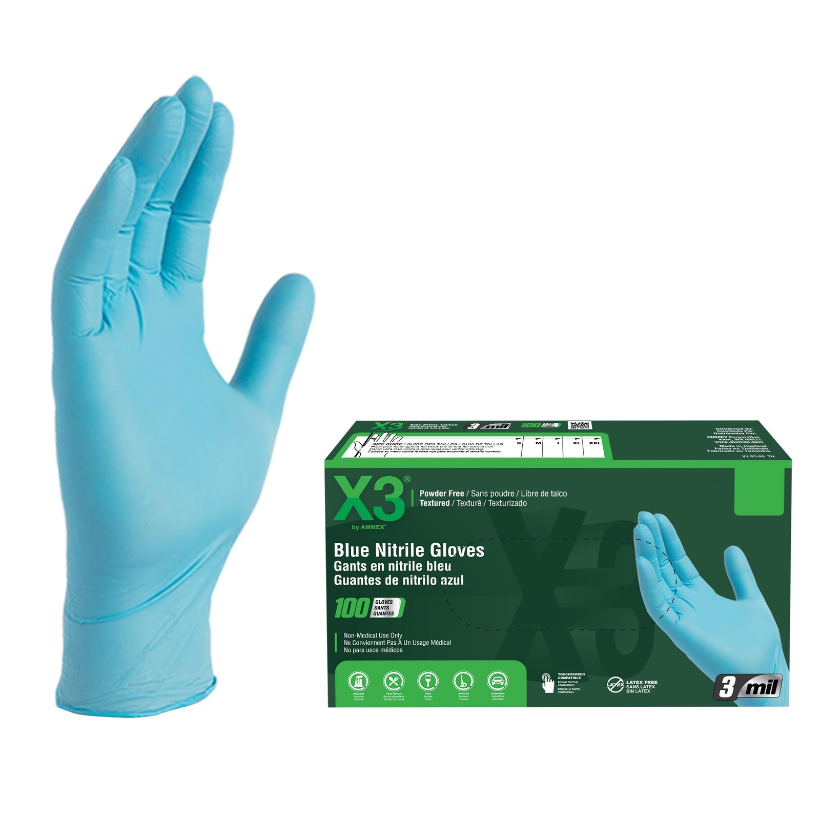 X3 Blue Nitrile Gloves, X~Large, 100 Count, Powder Free, Disposable