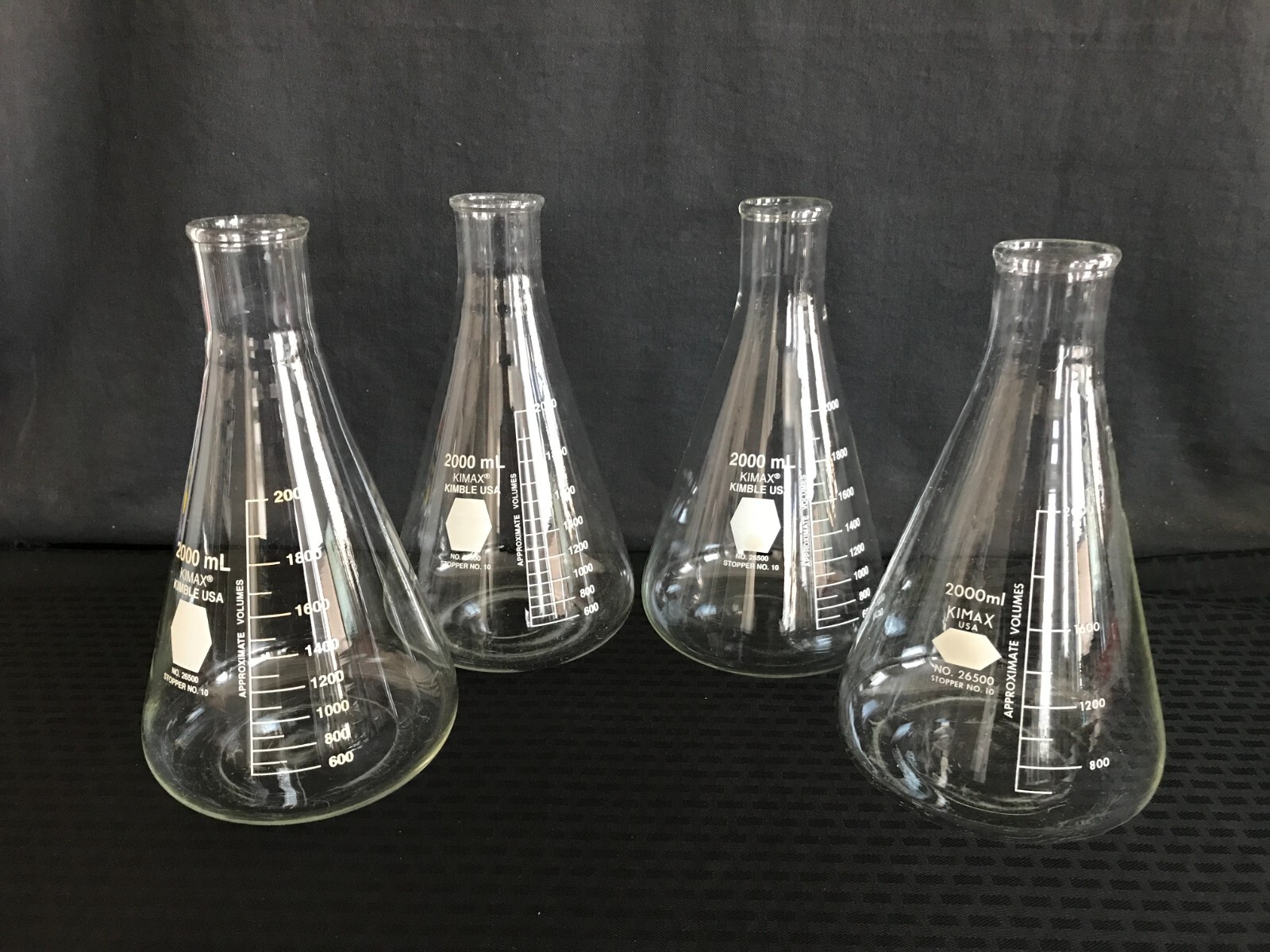 (4) KIMAX Glass 2000mL 2L Graduated Erlenmeyer Flask Narrow Mouth 26500-2000