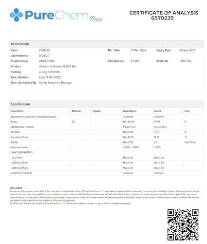 PureChemPros DMSO Pharmaceutical Grade 99.9% Pure (Dimethyl Sulfoxide) Low Od…