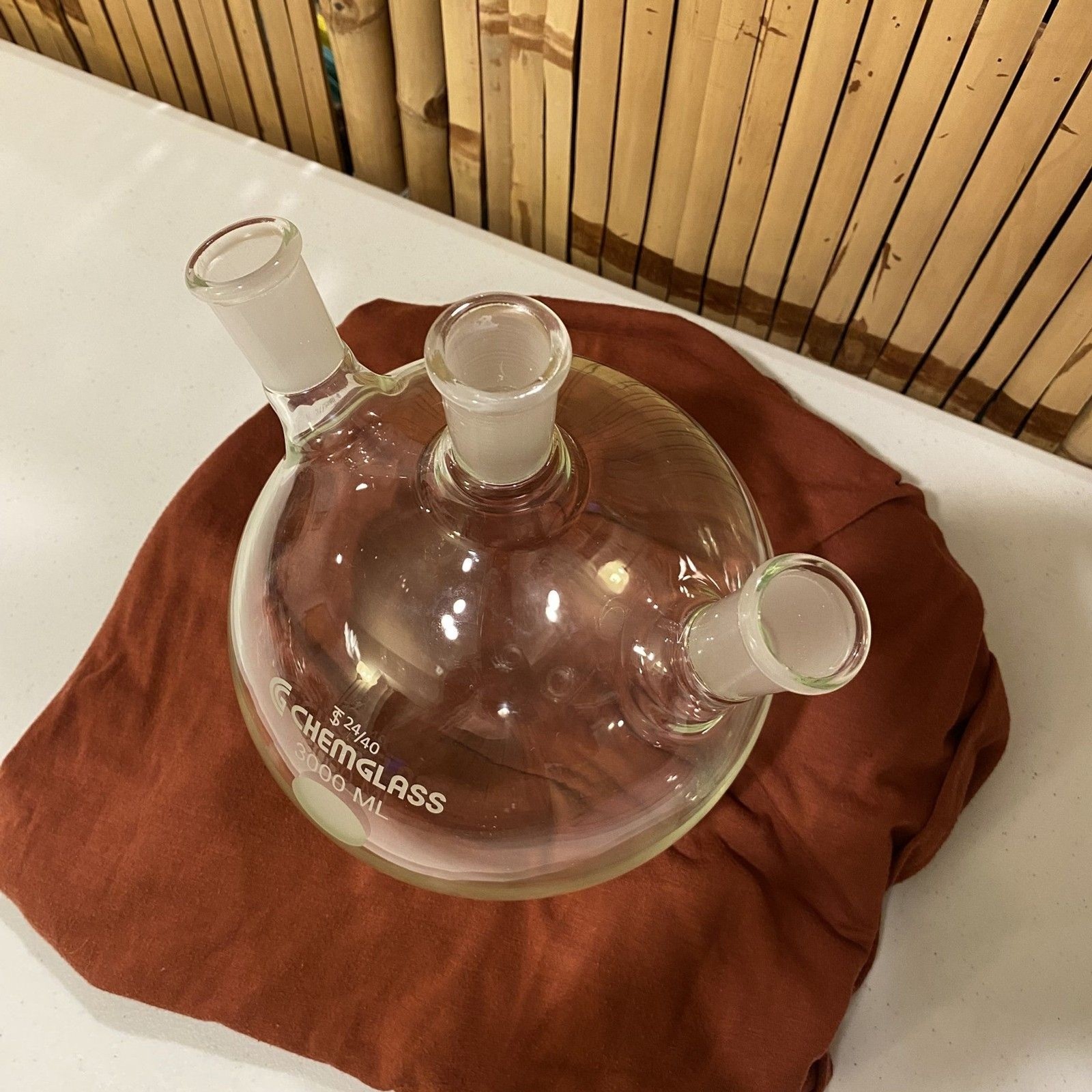 Chemglass 3000mL 3-Neck Round Bottom Flask 24/40 Joints Borosilicate Lab Glass
