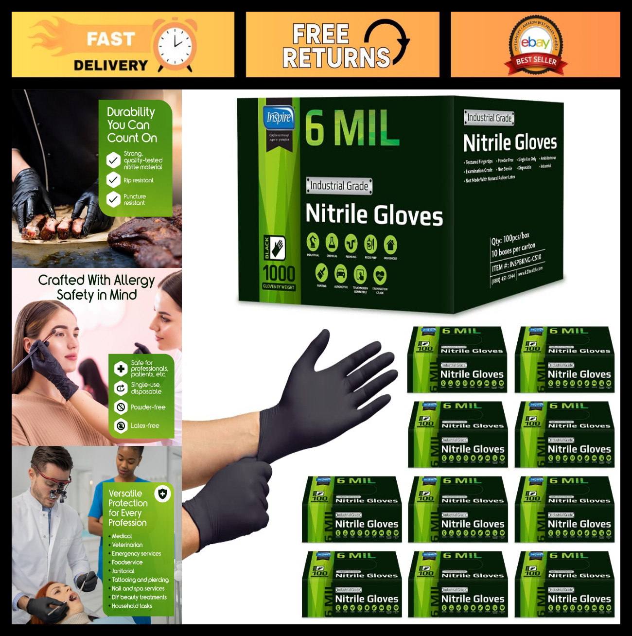 Heavy Duty 6-8 Mil Stretch Nitrile Gloves – Disposable, Latex-Free, Black, 100 P