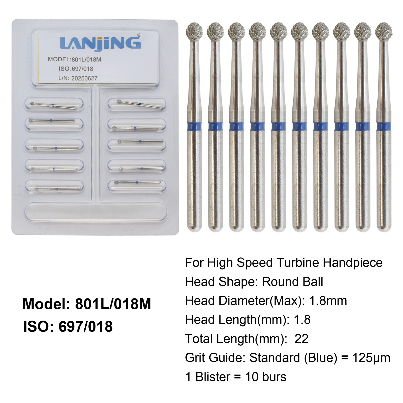Dental Round Diamond Bur Long Surgical Diamond Bur FG High Speed Coarse Fine 801