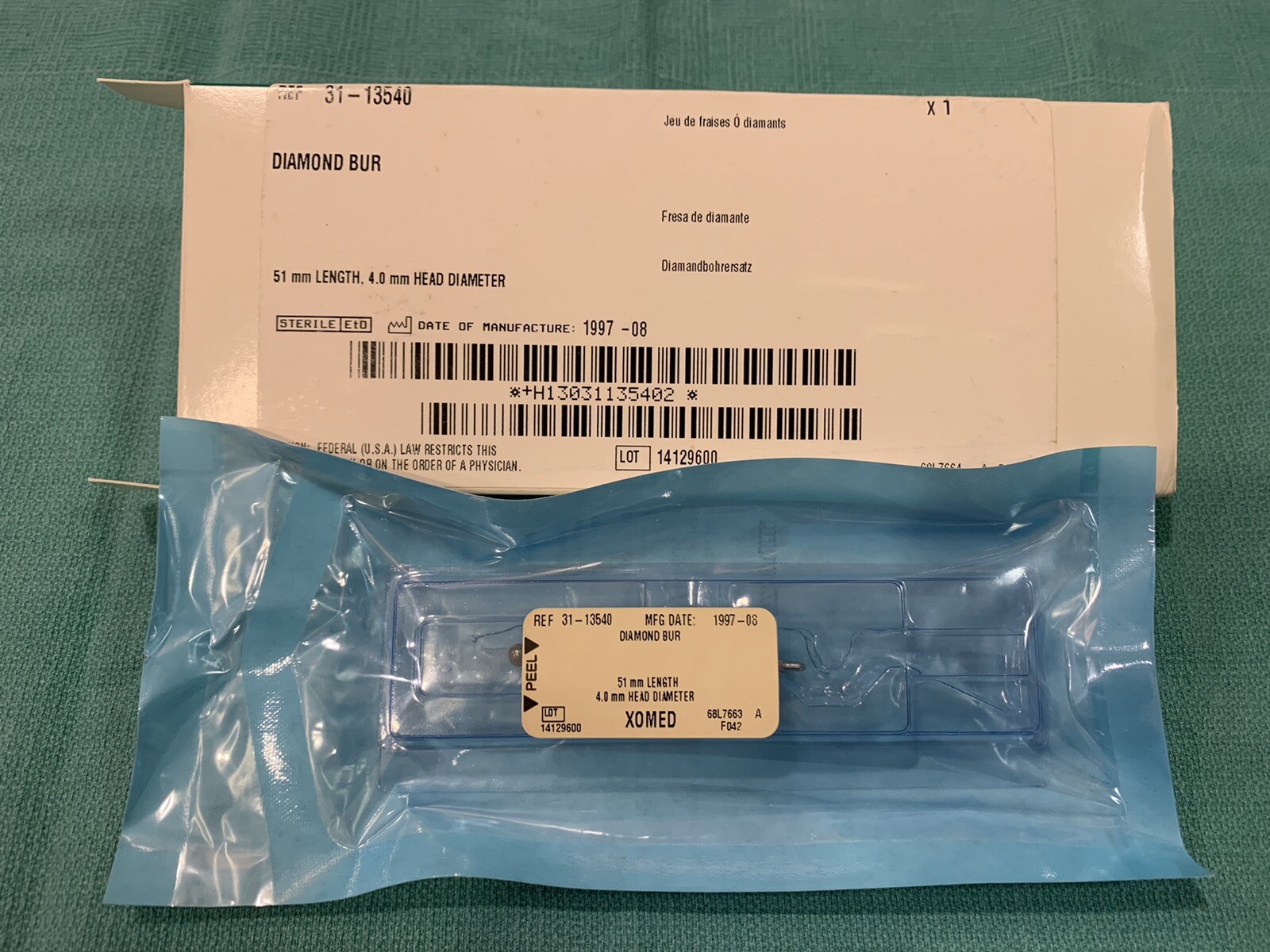 XOMED Diamond Bur 51mm Length , 4.0mm Head Diameter